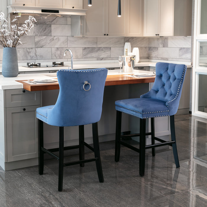 Contemporary Velvet Upholstered Barstools with  Tufted Button - Blue (Set of 2)