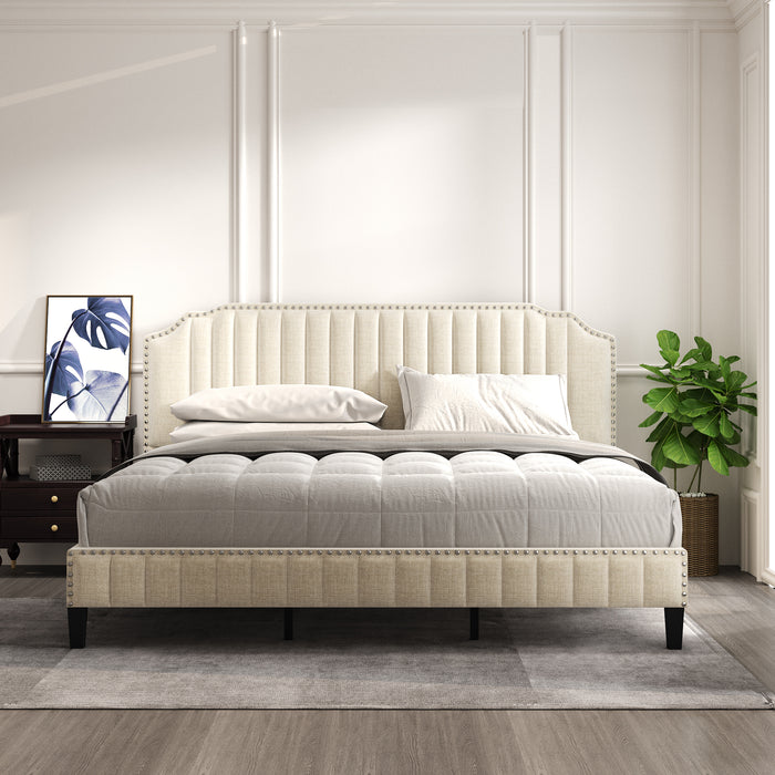 Modern Linen Curved Upholstered Platform Bed (King)