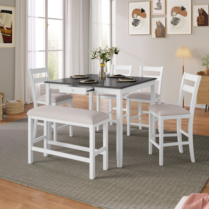 6-Piece Wood Dining Table Set with Storage Drawer - White