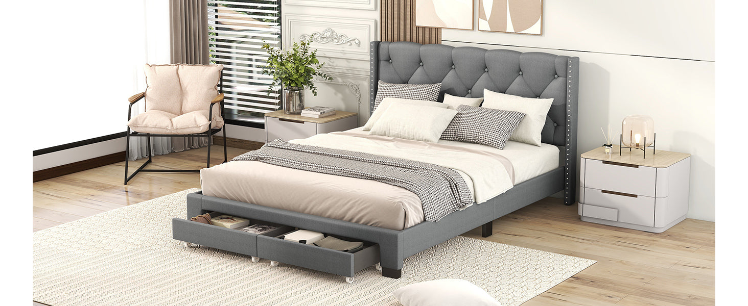 Queen Size Storage Bed Linen Upholstered Platform Bed with Two Drawers - Gray