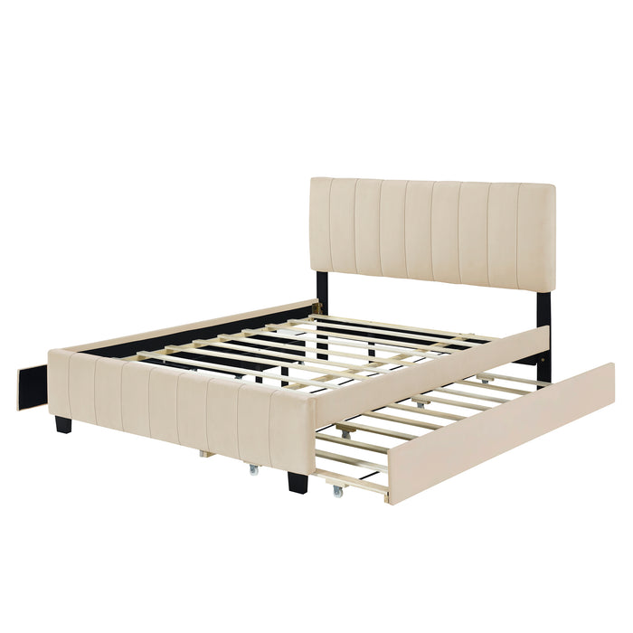 Queen Size Velvet Upholstered Platform Bed with 2 Drawers and Trundle- Beige