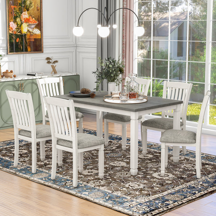 7-Piece Dining Table Set Wood Dining Table and 6 Upholstered Chairs- Gray+White