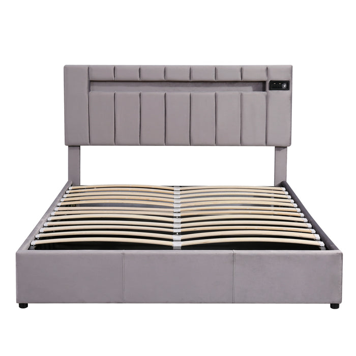 Queen Size Upholstered Bed  with LED light, Bluetooth Player and USB Charging - Gray