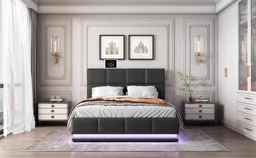 Queen Tufted Upholstered  Storage Platform Bed  with LED Lights and USB charger - Black