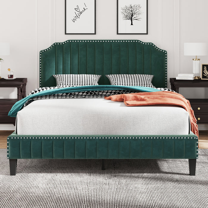 Modern Velvet Curved Upholstered Platform Bed , Green (Queen)