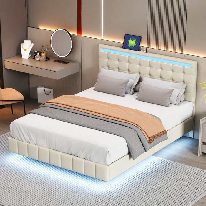 Queen Size Modern Upholstered Platform Floating Bed Frame with LED Lights and USB Charging - Beige