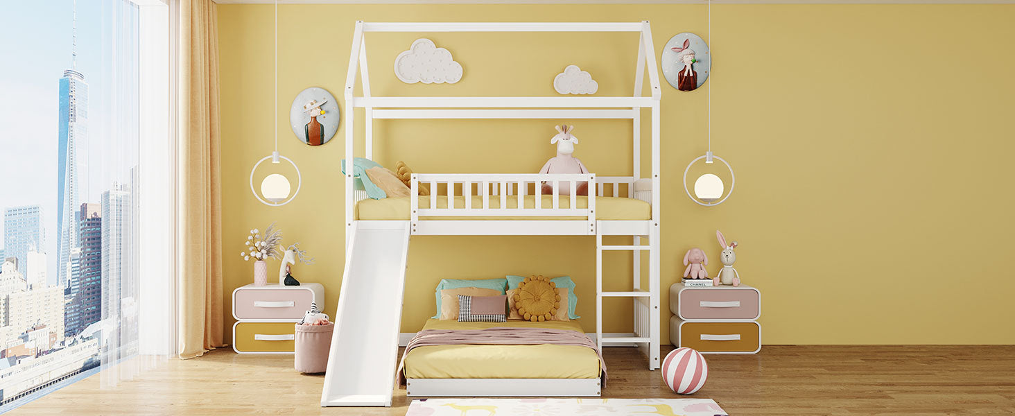 Twin Over Twin House Bunk Bed with Slide - White