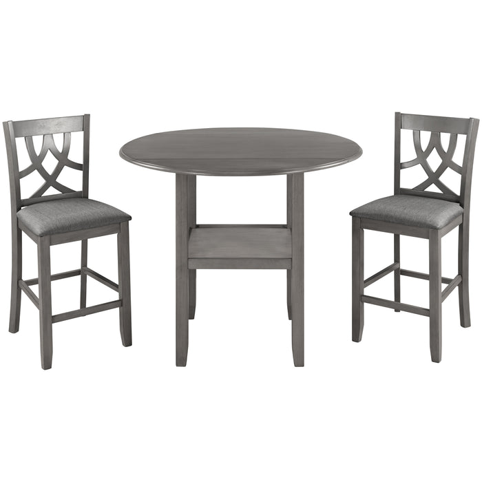 3-Piece Farmhouse Round Counter Height Kitchen Dining Table Set with Drop Leaf Table - Gray