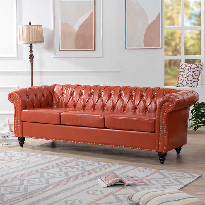 Rolled Arm Chesterfield 3 Seater Sofa - Orange