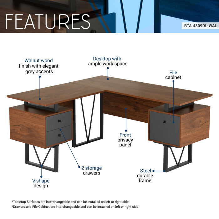 Reversible L-Shape Computer Desk with Drawers and File Cabinet, Walnut