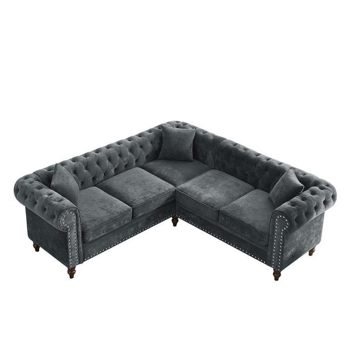 Luxury Classic Chesterfield L-shaped Sectional, Grey velvet