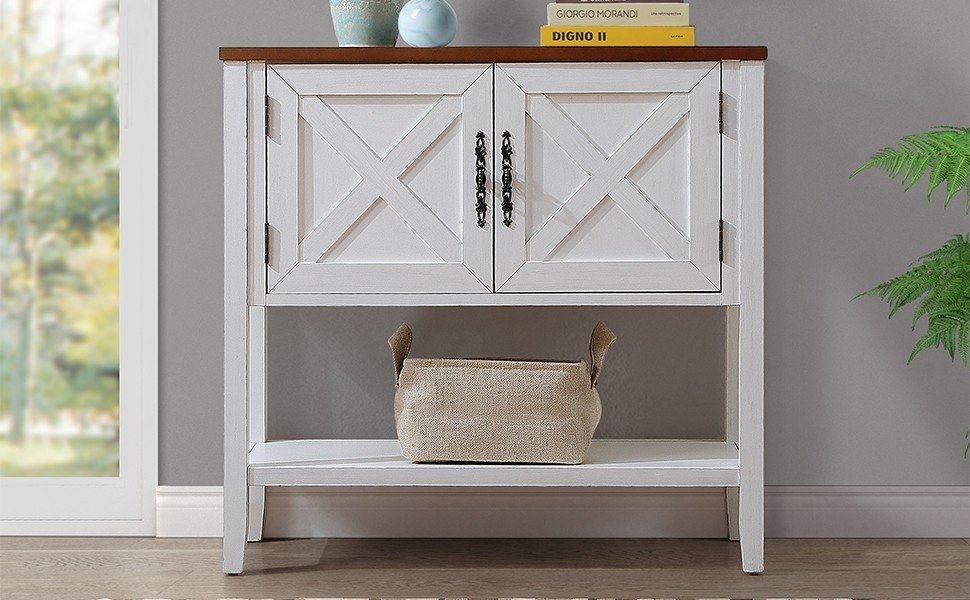 Farmhouse Wood Buffet Console Table- Antique White + Walnut Top