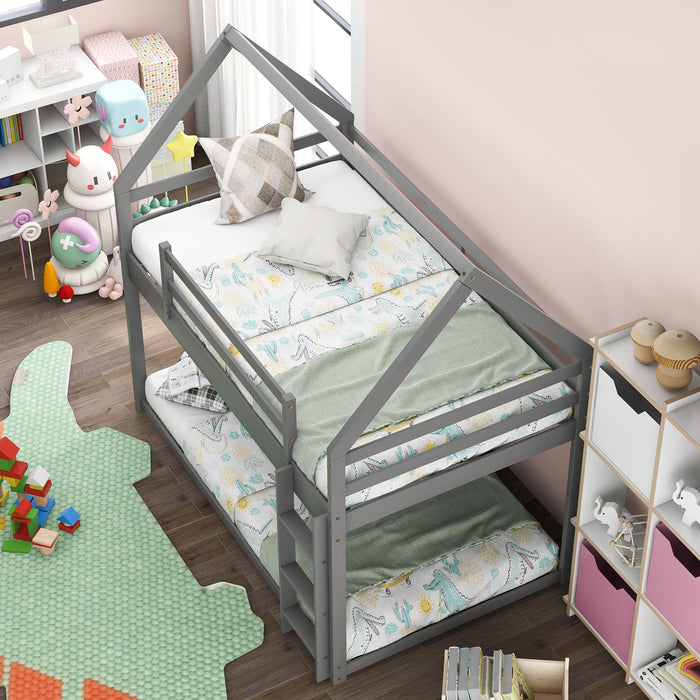 Twin over Twin Low  House Bunk Bed - Gray