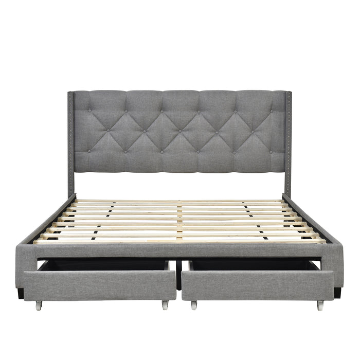 Queen Size Storage Bed Linen Upholstered Platform Bed with Two Drawers - Gray