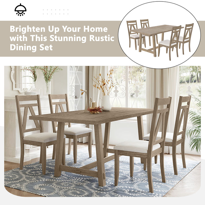 5-Piece Large Rustic Dining Table Set - Brown