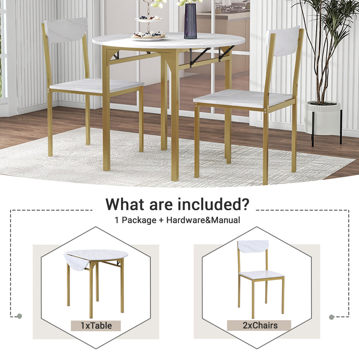 3-Piece  Modern Round Dining Table Set with Drop Leaf - Golden Frame + Faux White Granite Finish