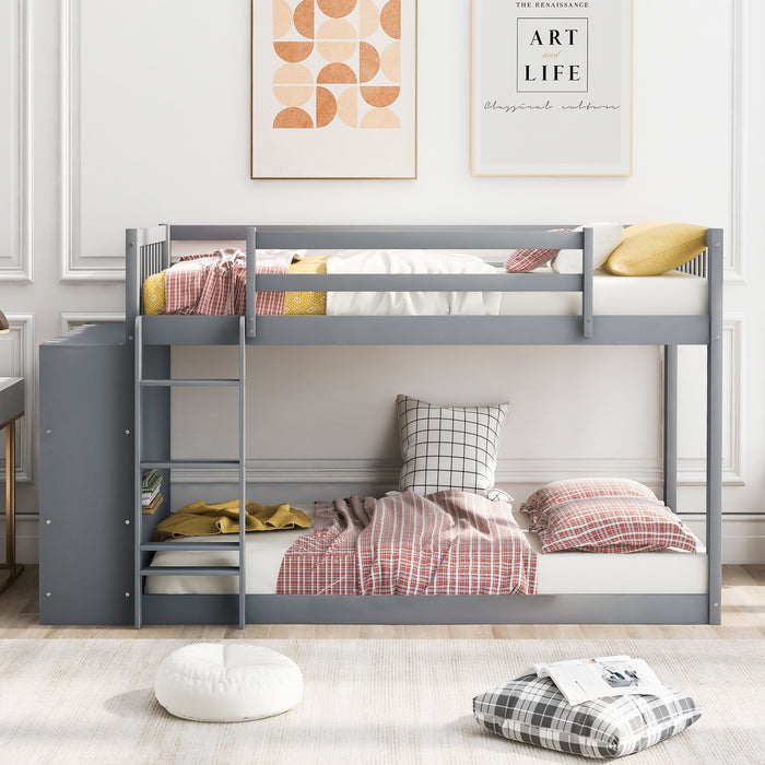 Twin over Twin Bunk Bed with Attached Cabinet and Shelves Storage - Gray