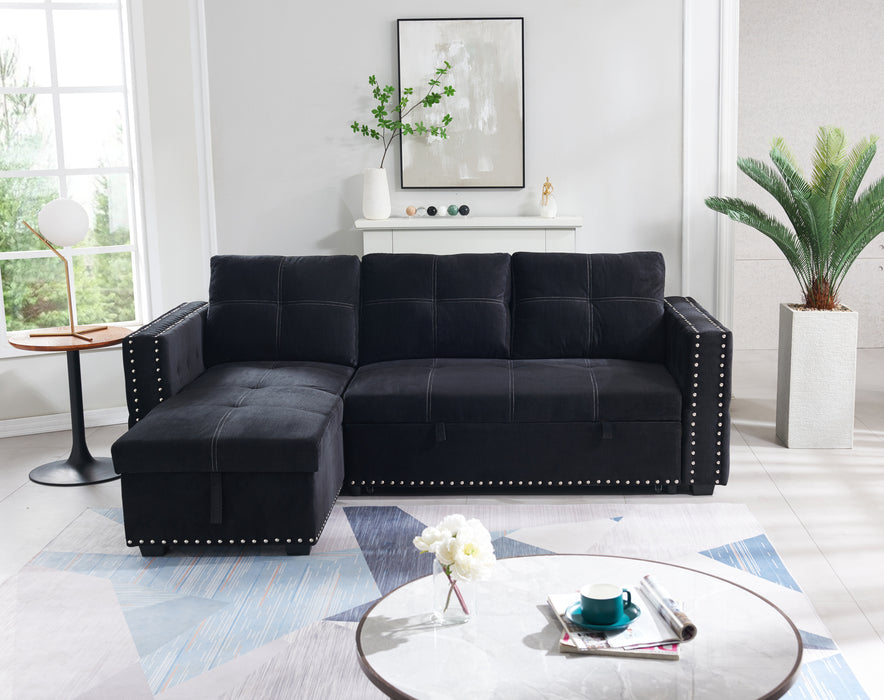 Sectional sofa with pulled out bed & chaise with storage - BLACK