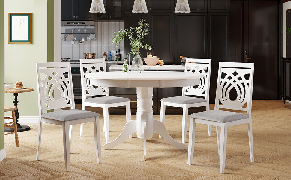 5-Piece Mid-Century Extendable Round Dining Table Set - White