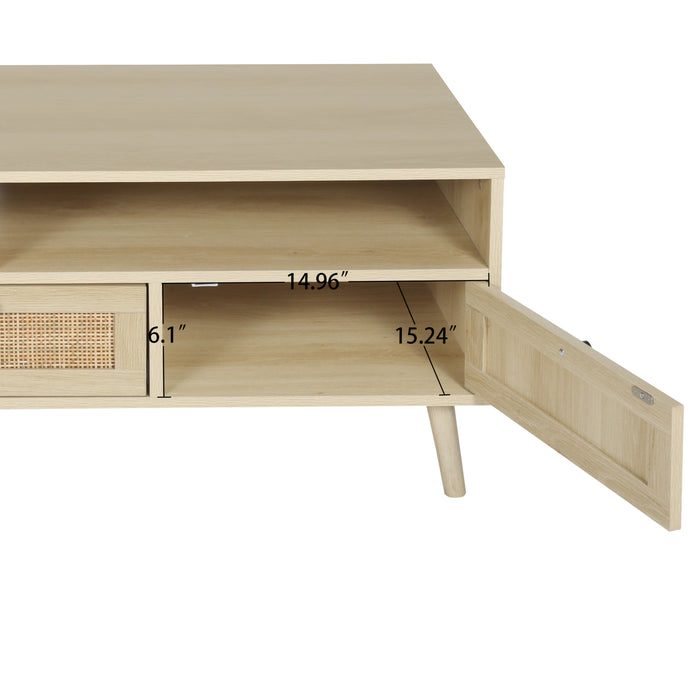 Rattan TV Stand with Solid Wood Feet - Natural