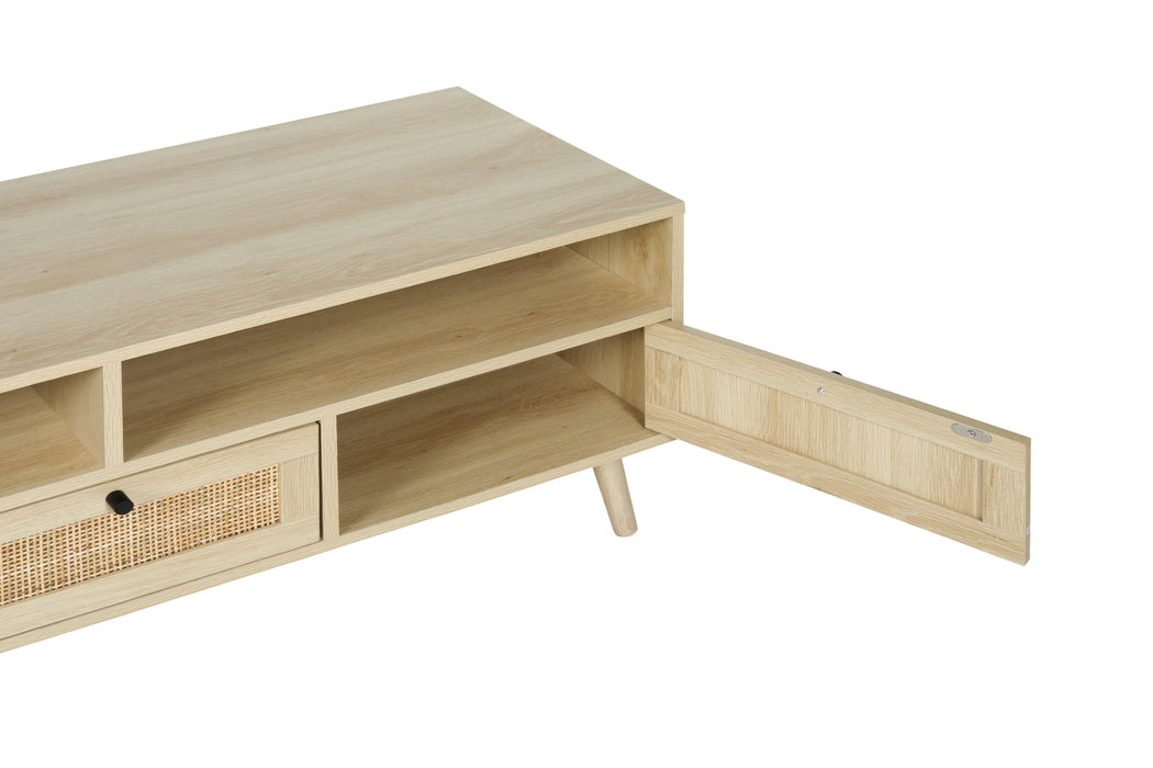 Rattan TV Stand with Solid Wood Feet - Natural