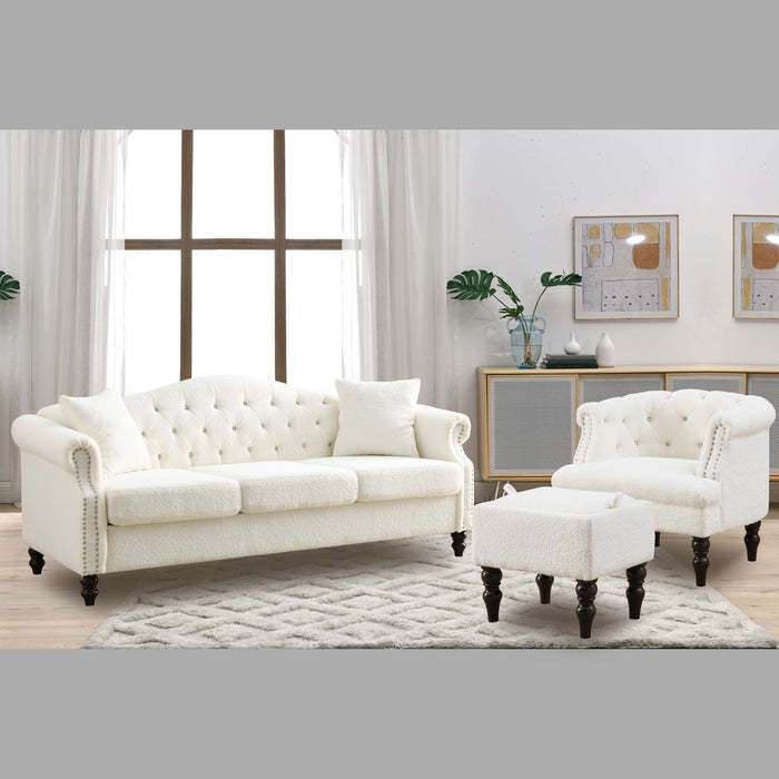 3+1 Combination of Chesterfield sofa and chair, teddy white, two pillows