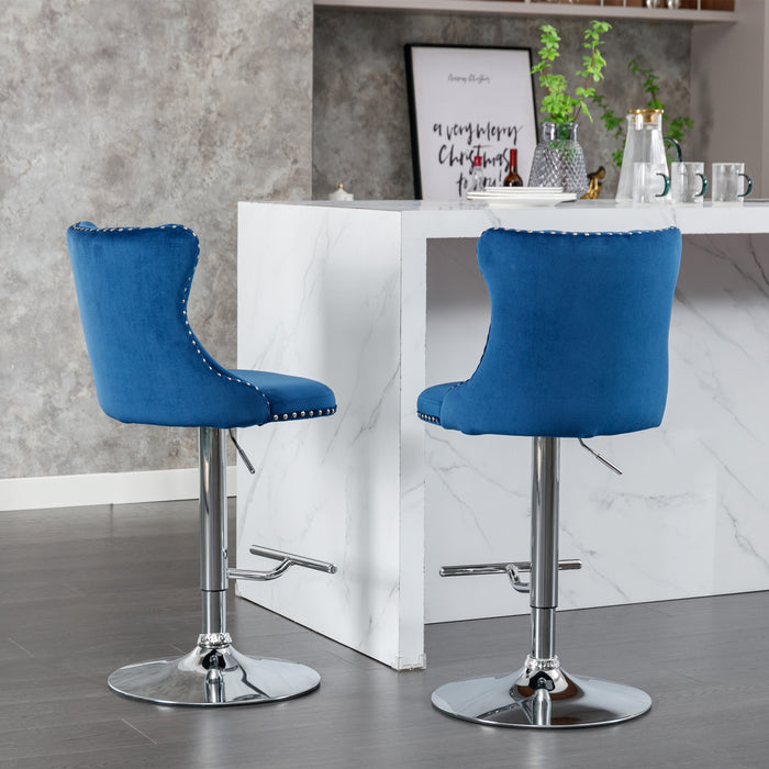 Swivel Velvet Barstools, Blue (Set of 2）