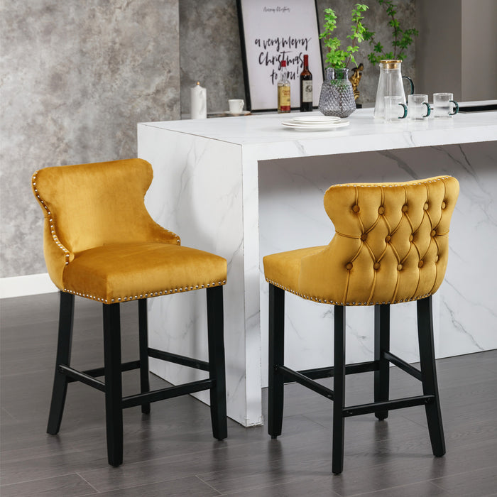 Contemporary Velvet Upholstered Wing-Back Barstools,Set of 2 (Gold)