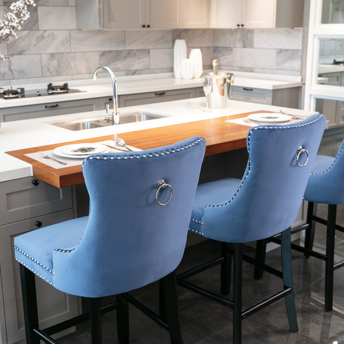 Contemporary Velvet Upholstered Barstools with  Tufted Button - Blue (Set of 2)