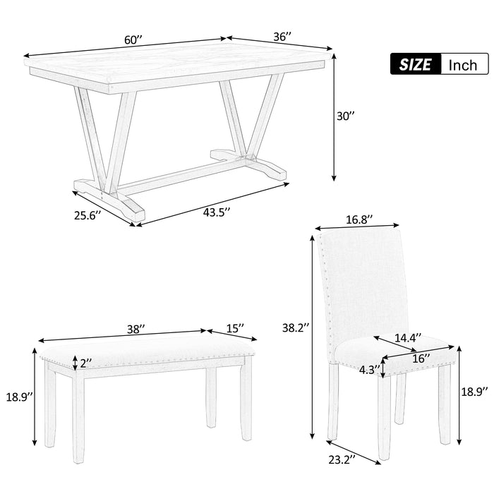 6-piece Modern Style  Dining Table with 4 Chairs & 1 Bench - White