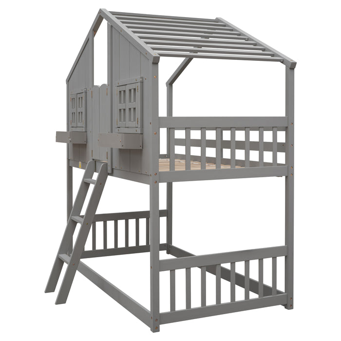 Twin over Twin House Bunk Bed with Roof & Windows - Grey