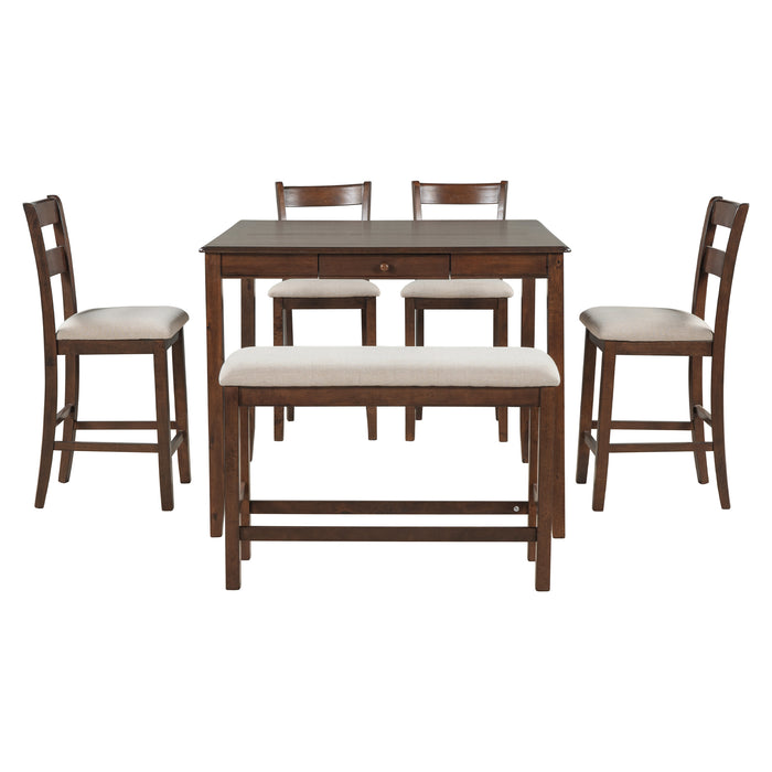 6-Piece Wood Dining Table Set with Storage Drawer - Walnut