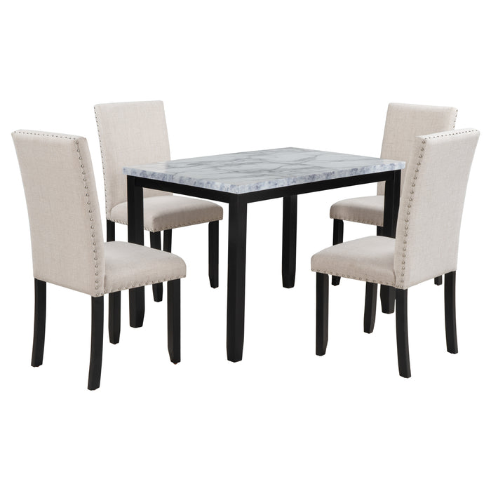 5-Piece Faux Marble Dining Set  - White/Beige + Black