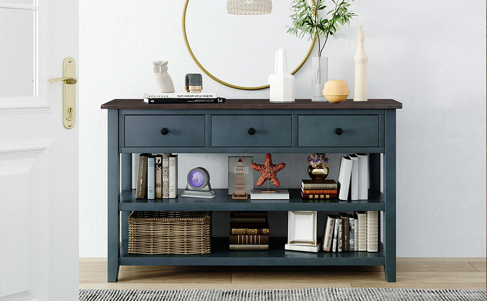 Retro Design Console Table with Two Open Shelves -Navy