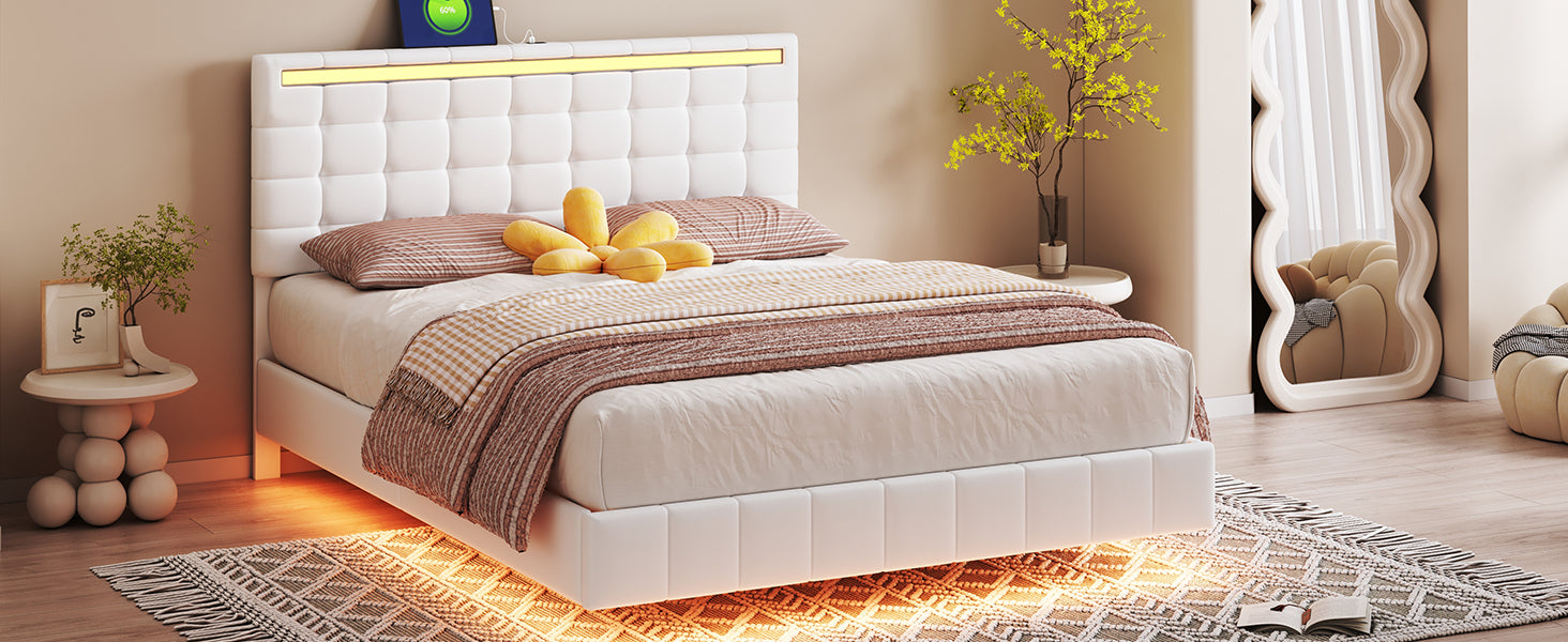 Queen Size Modern Upholstered Platform LED Bed with LED Lights and USB Charging - White