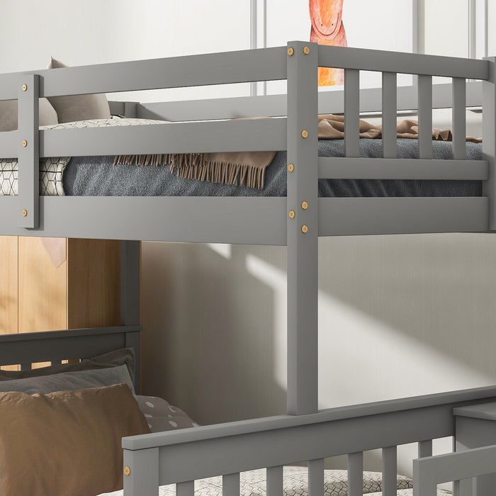 Twin Over Full Convertible Bunk Bed with 2 Drawers and Staircases - Grey