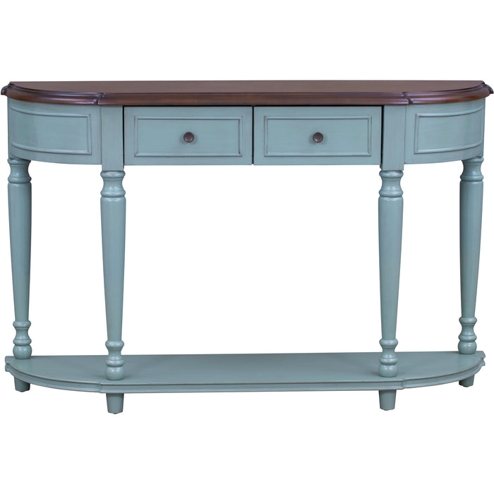 Retro Circular Curved Design Console Table with Open Style Shelf - Cherry + Antique Blue