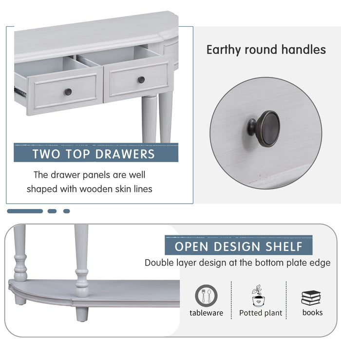 Retro Circular Curved Design Console Table with Open Style Shelf - Antique White