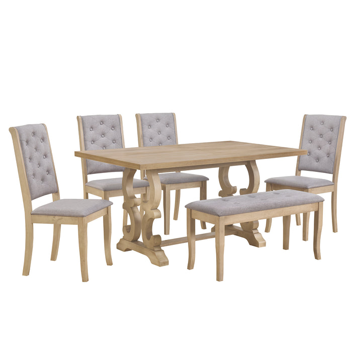 6-Piece Retro Dining Set with Unique-designed Table Legs - Beige Wash