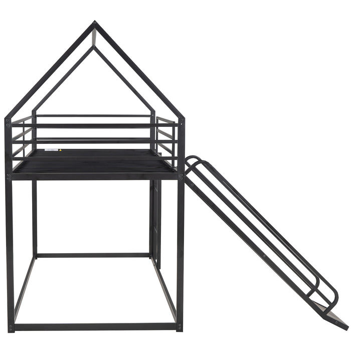 Twin over Twin House Bunk Bed with Ladder and Slide - Black