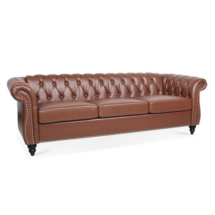 Rolled Arm Chesterfield 3 Seater Sofa - Brown