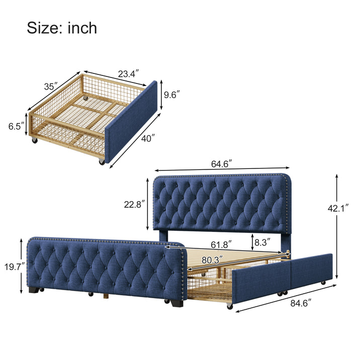 Upholstered Platform Bed Frame with Four Drawers (Blue) Queen