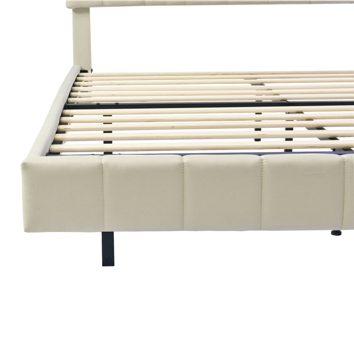 Queen Size Modern Upholstered Platform Floating Bed Frame with LED Lights and USB Charging - Beige