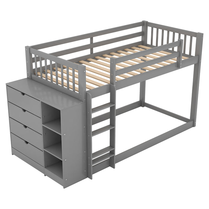 Twin over Twin Bunk Bed with Attached Cabinet and Shelves Storage - Gray