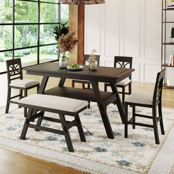 6-Piece Wood Counter Height Dining Table Set - Espresso + Beige Cushion