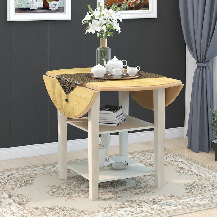 Farmhouse Round Kitchen Dining Table with Drop Leaf  and  2-tier Shelves