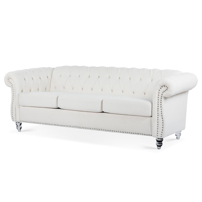 Rolled Arm Chesterfield 3 Seater Sofa - White