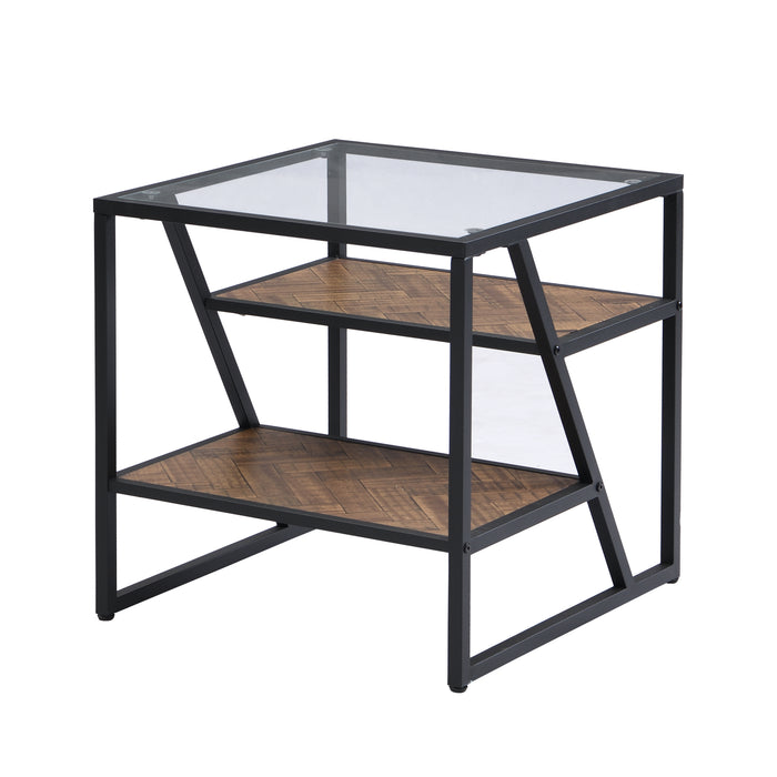 Black Side End Table with Storage Shelf, Tempered Glass