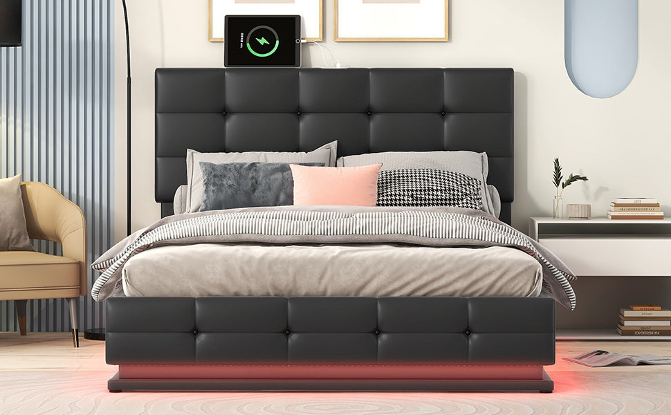 Full Size Tufted Upholstered Platform Bed with Hydraulic Storage and LED Lights and USB charger - Black