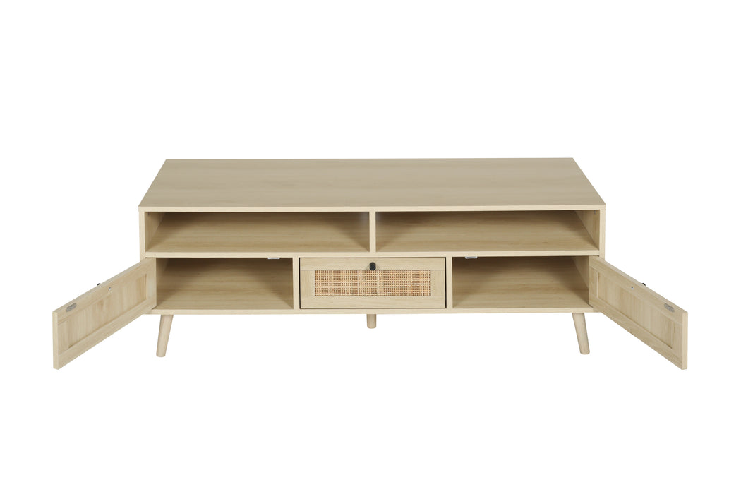 Rattan TV Stand with Solid Wood Feet - Natural